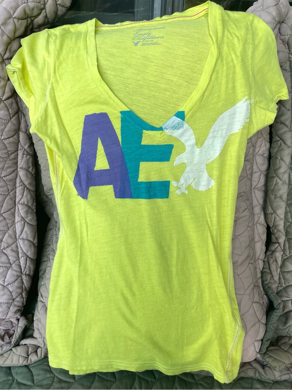 American Eagle Outfitters Neon Yellow V-Neck Logo Tee with Purple & Teal Accents